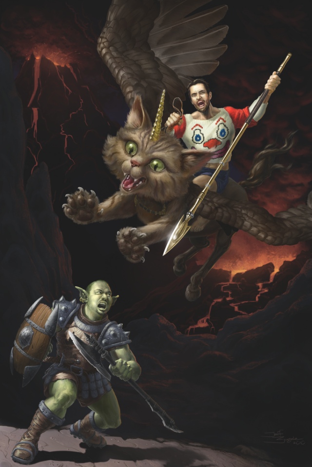 Wil Wheaton riding a unicorn kitty, hunting Orc-John Scazi down with a vengeance